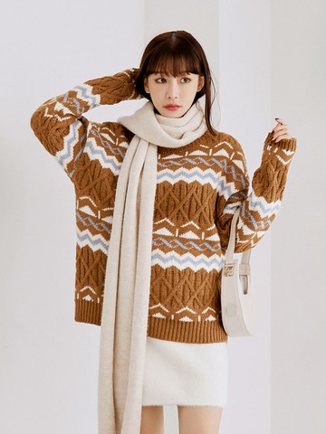 保暖壓紋針織配色花紋毛衣