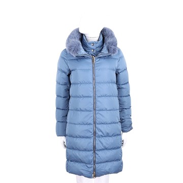 HERNO 水藍色長版絎縫假兩件設計羽絨外套(前釦立領衣片與毛領皆可拆)