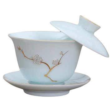 懸停蓋碗單個帶蓋陶瓷三才泡茶碗影青描金功夫茶具中式家用泡茶器