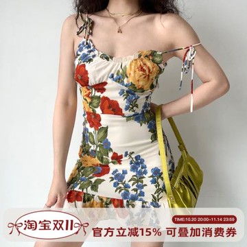 Go Girl Go 歐美風油畫印花綁帶復古吊帶連衣裙女荷葉邊短裙a字裙