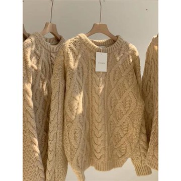 復古古著大碼墨綠色麻花毛衣女加厚外穿秋冬寬松慵懶顯瘦毛針織衫