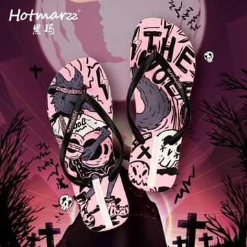 Hotmarzz黑瑪夏季新款人字拖鞋女小清新防滑逛街印花涂鴉外穿海邊