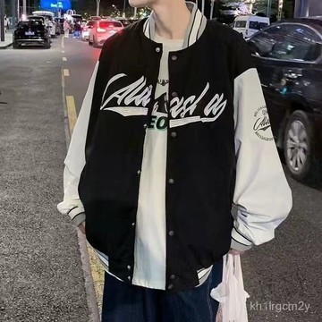 B🎉限時特賣🎉藍白拚色棒球服男港風ins潮流寬鬆撞色刺繡夾克春秋薄外套學生潮 AHZQ