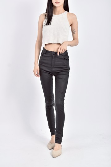 (M) 漂亮女孩內刷毛漆皮黑色長褲