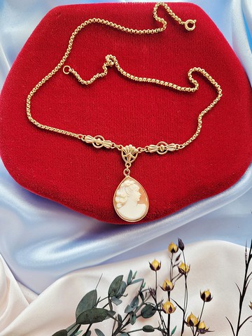 美國西洋古董飾品 / Van Dell新藝術風格貝雕cameo包金項鍊Art