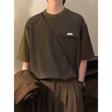 NAGAWL夏季美式復古潮牌寬松休閑學院風撞色拼接圓領短袖T恤上衣