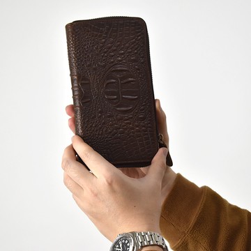 瘋馬皮 棕色鱷魚紋拉鍊真皮長夾【NWD54】