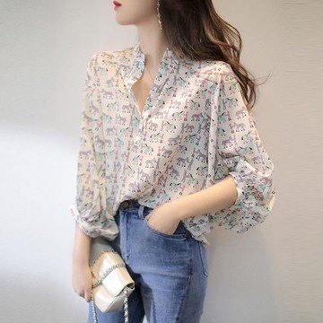 印花泡泡袖雪紡上衣女士2026早春新款寬松休閑設計感小眾別致襯衫