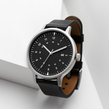 BIJOUONE彼樹灣 B70 黑色 皮帶款 日歷夜光指針防水男女精鋼手錶