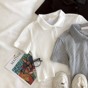 ZUCA”S - 韓版鈕扣翻領針織短版上衣 短袖上衣 短袖t恤 女裝 顯瘦上衣 衣服 襯衫 素T - T-53