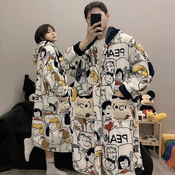 史努比睡衣女秋冬季法蘭絨加絨加厚情侶睡袍中長款珊瑚絨男士浴袍