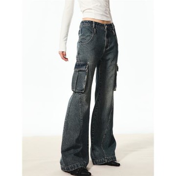 SAPIC OFFICIAL 美式復古水洗微喇口袋牛仔褲女秋季新款長褲子