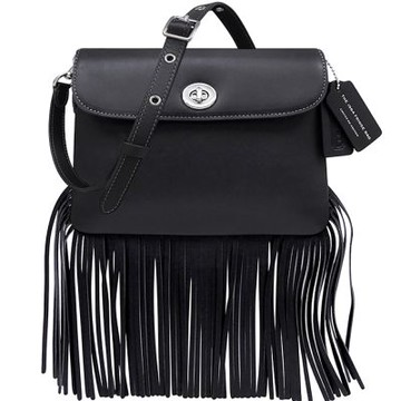 COACH 專櫃款黑色荔枝紋皮革流蘇肩背/斜背兩用包