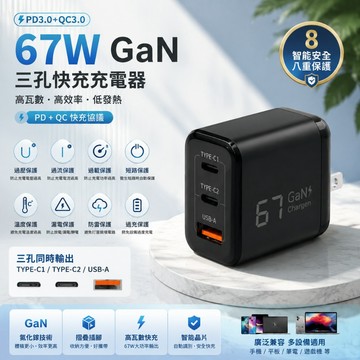 【台灣現貨】67W GaN氮化鎵三孔快充充電器 PD3.0+QC3.0 雙Type-C+USB-A 摺疊插腳 多設備快充