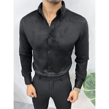 輝先生秋冬季男士襯衫麂皮絨加絨長袖韓版抗皺襯衣修身保暖高彈