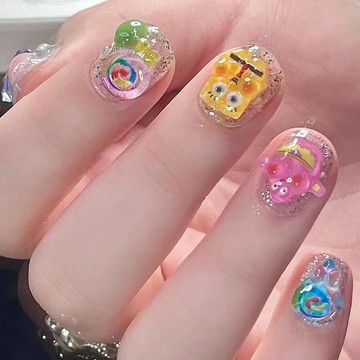 🎀台灣出貨🎀可愛動漫卡通海綿寶寶穿戴美甲片日系短圓指甲片假指甲甲片可拆卸