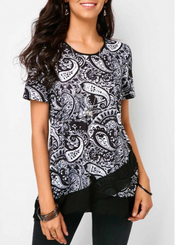 Paisley Print Black Mesh Panel Blouse