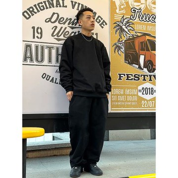 TWITU秋冬超重磅550g側袋寬松衛褲嘻哈街頭加絨休閑運動美式長褲