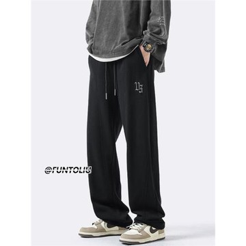 美式高街黑色休閑長褲子男春秋新寬松直筒闊腿褲潮流垂感運動衛褲