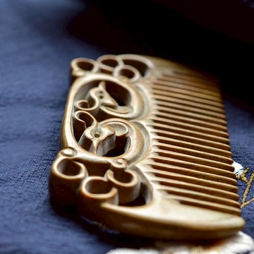 手工雕雙面鳳木梳綠檀木雕刻梳子復古典古風漢服發梳配盒1入