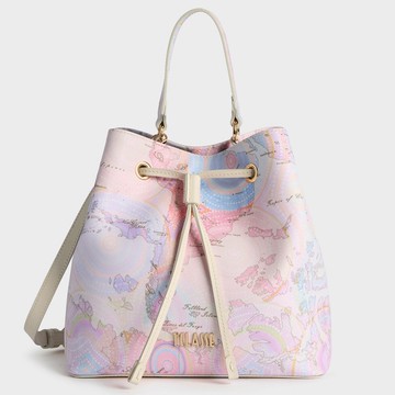 【Alviero Martini 義大利地圖包】螺旋圖騰雲彩水桶包25cm-柔粉色