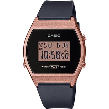 CASIO 經典酒桶型復古款數位休閒錶-黑X玫瑰金(LW-204-1A)/47.7mm / 考試錶