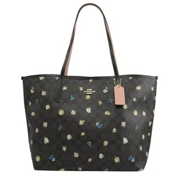 COACH C7274 經典滿版LOGO玫瑰印花肩背托特包.深咖