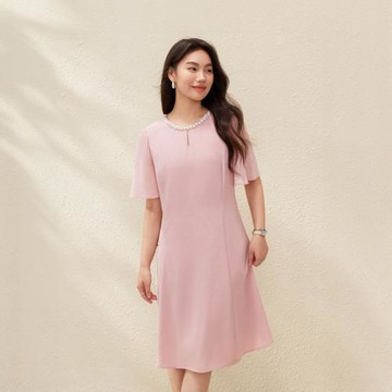 【粉黛珠影】千金風手工釘珠設計短袖連衣裙纖莉秀大碼胖mm夏新款