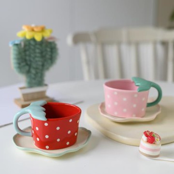【夢田良品】ins韓式波點草莓咖啡杯高顏值下午茶清新少女心杯碟
