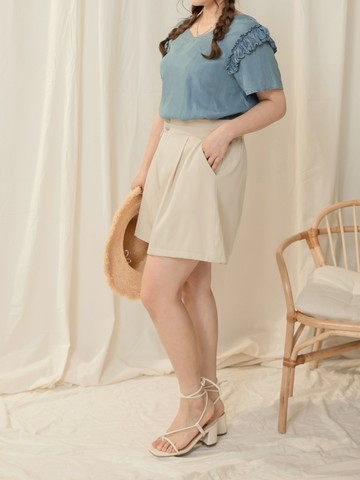 高腰雙釦打摺A-Line修身短褲