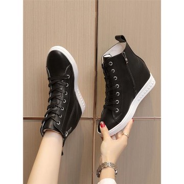 艾淇黑色真皮內增高女鞋2025春季新款加絨保暖百搭休閑系帶高幫鞋