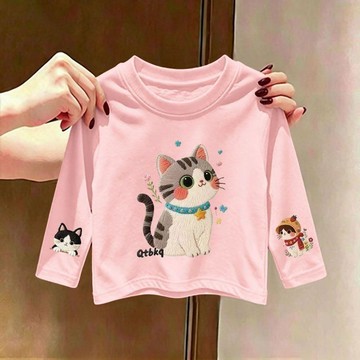 兒童長袖上衣 男童上衣 女童上衣 保暖上衣卡通貓咪兒童長袖新款男女童洋氣印花打底2026春秋爆款季上衣T恤童裝