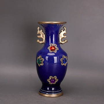 宋鈞窯窯變藍釉鎏金鑲嵌寶石雙耳花瓶古董回流瓷器仿鈞瓷收藏擺件