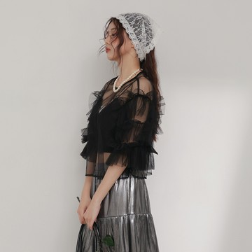 造型澎袖網紗上衣-黑【KT224497】