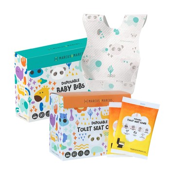 MARCUS＆MARCUS - 拋棄式外出保潔組(防水馬桶坐墊+防水圍兜)-大象貓熊