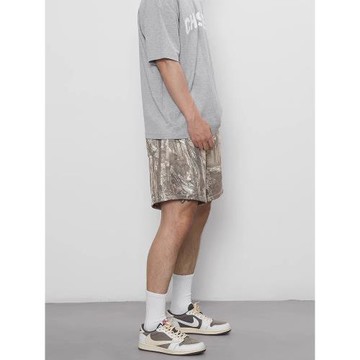 2025夏季新款美式復古枯木樹枝水洗做舊寬松休閑運動橡筋腰短褲男