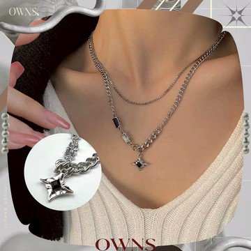 🥀旺斯女孩🥀黑白星芒雙層項鍊雙層鎖骨項鍊男女可戴短項鍊黑白拼色項鍊歐美項鍊