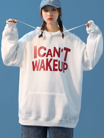 潮流春秋連帽衛衣白色簡約字母印花寬松大碼外套女百搭慵懶風