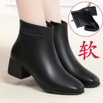 秋冬新款工作鞋女棉鞋粗跟黑色加絨工裝靴方頭皮鞋馬丁靴中跟短靴