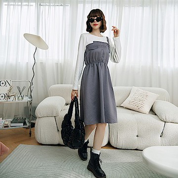 OB嚴選-假兩件蜜桃絨撞色收腰短洋裝《DA10310-》