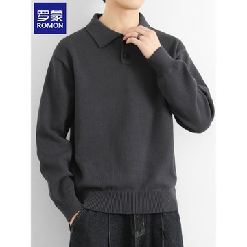 羅蒙polo領毛衣男春秋季寬松潮流百搭純色翻領針織衫純棉休閑上衣