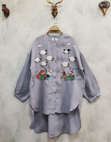 襯衫，手工刺繡，可愛圖案，亞麻材質，狐狸、藝術家、綿羊、雲朵，法國風格。