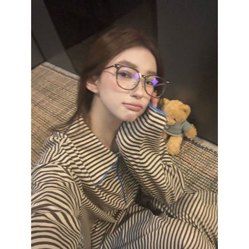 可可裡🌺韓版ins小衆高級感撞色條紋睡衣女春秋簡約寬鬆可外穿家居服套裝