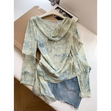 法式扎染蕩領長袖T恤女夏季薄款設計感系帶收腰顯瘦修身雪紡上衣