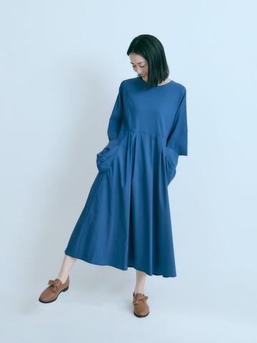 松果種子口袋七分袖洋裝-群藍