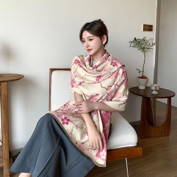 複古優雅梅花仿羊絨圍巾女加厚雙麵禦寒外搭冬季披肩母親節日禮品