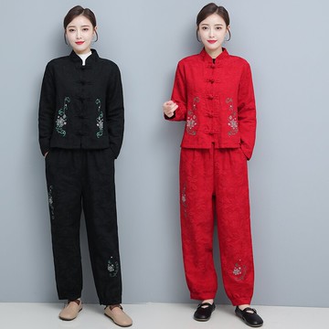 秋冬新款媽媽裝民族風刺繡提花短外套+闊腿褲休閑兩件套套裝1入