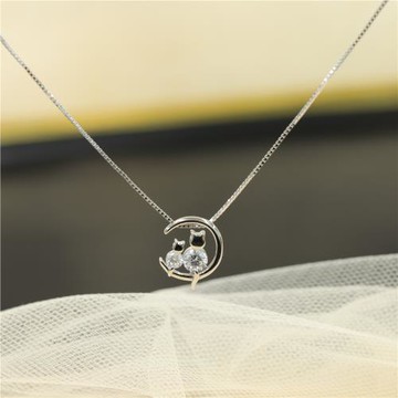 因缺斯汀s925通體純銀月亮上的小貓咪唯美項鏈鎖骨鏈可愛氣質禮物