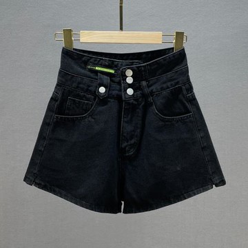 歐貨牛仔短褲女靴褲2021春秋裝新款高腰顯瘦單排扣黑色闊腿打底褲