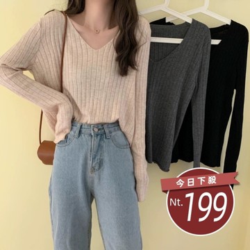 【台灣發貨】韓版寬鬆V領針織上衣 長袖上衣 長袖t恤 衣服 女裝 上衣【W192】